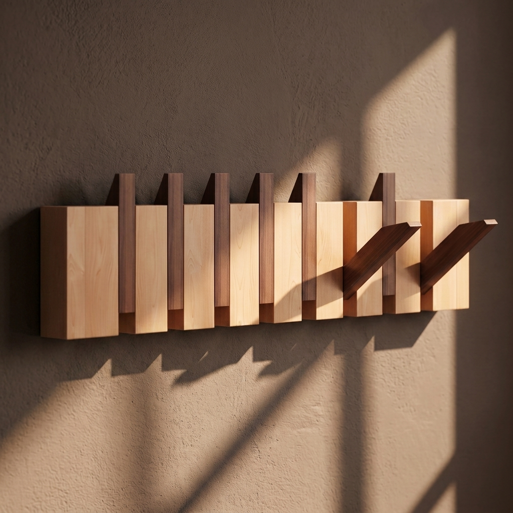 Klappbare Wandgarderobe aus Holz mit Paneelstruktur und Holzmaserung