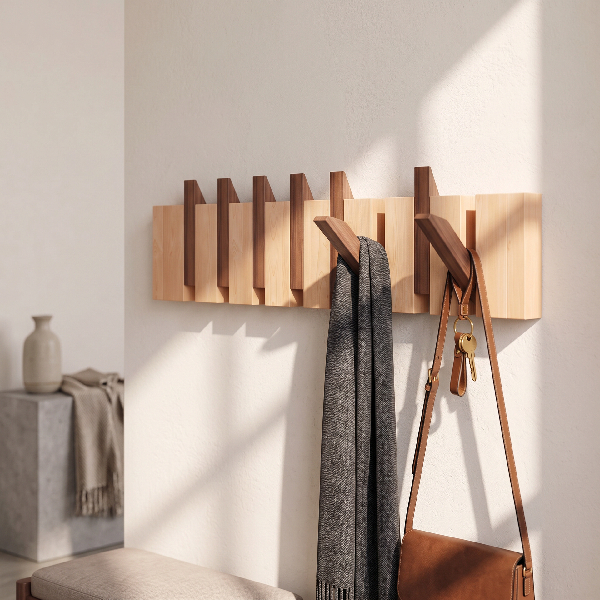 Klappbare Wandgarderobe aus Holz mit Paneelstruktur und Holzmaserung