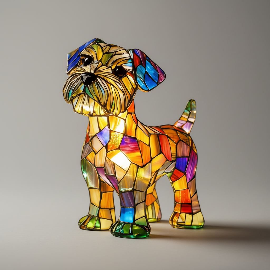 Nachtlicht und Tischlampe mit Hundefigur aus Buntglas und Kunstharz