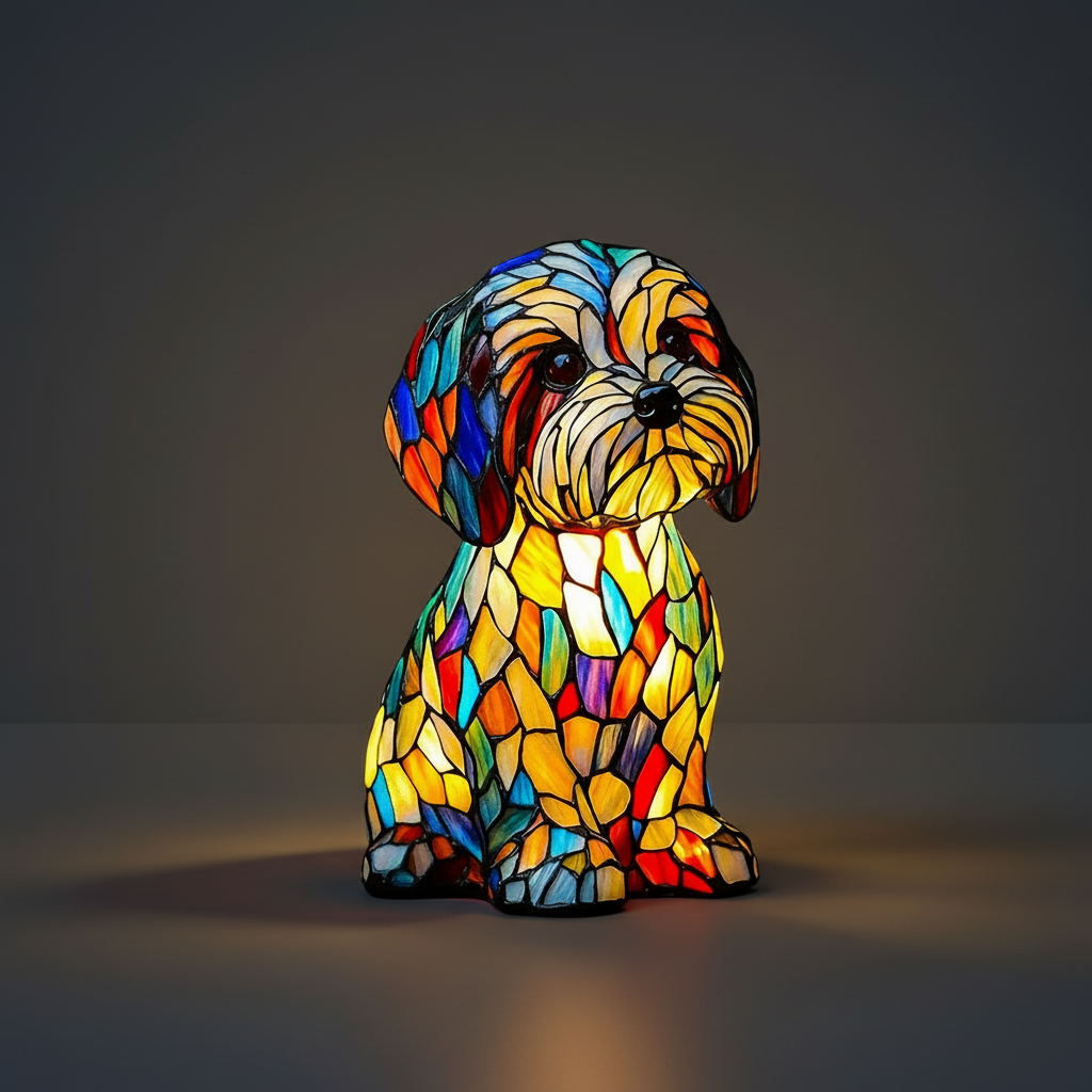 Nachtlicht und Tischlampe mit Hundefigur aus Buntglas und Kunstharz