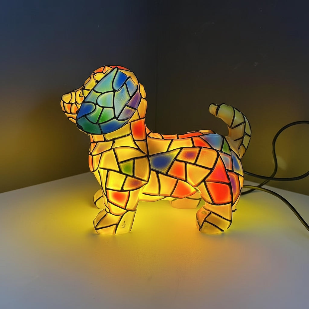 Dekorative Akzent-Tischlampe mit Hundefigur aus Kunstharz und Buntglas