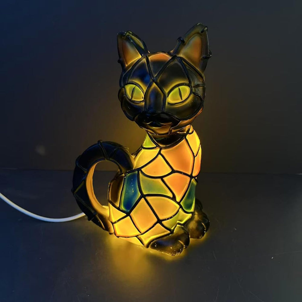 Tiffany-Tischlampe mit Katzenfigur aus Buntglasmosaik