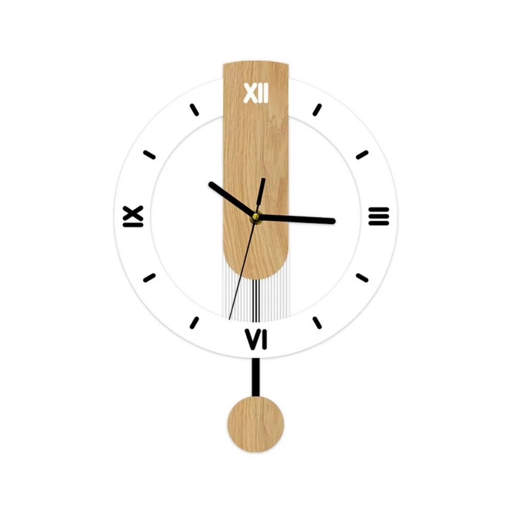 Minimalistische Wanduhr aus Acryl und Holz mit offenem Rahmen und leisem Pendel