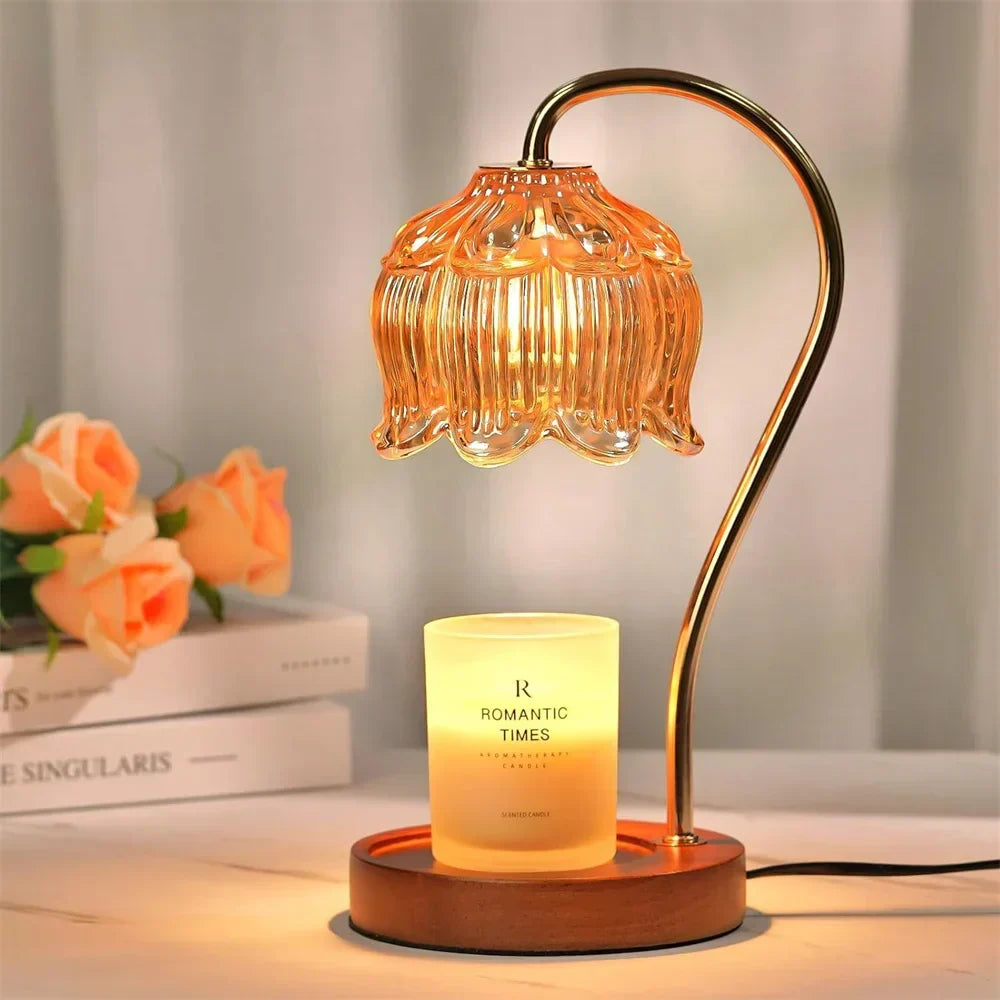 Tischlampe mit Retro-Blütenblüten-Glasschirm, Holzsockel und Kerzenwärmer