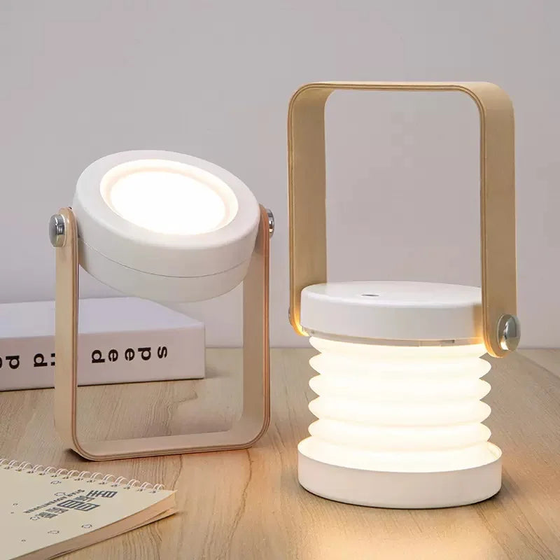 Zusammenklappbare skandinavisch-minimalistische tragbare Tischlampe mit Holzgriff, Akku und Ladefunktion