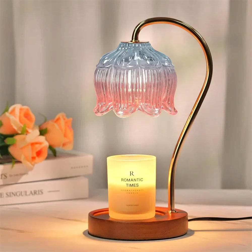 Tischlampe mit Retro-Blütenblüten-Glasschirm, Holzsockel und Kerzenwärmer