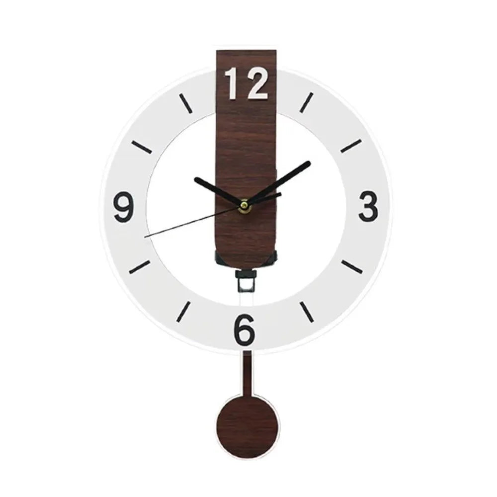 Minimalistische Wanduhr aus Acryl und Holz mit offenem Rahmen und leisem Pendel