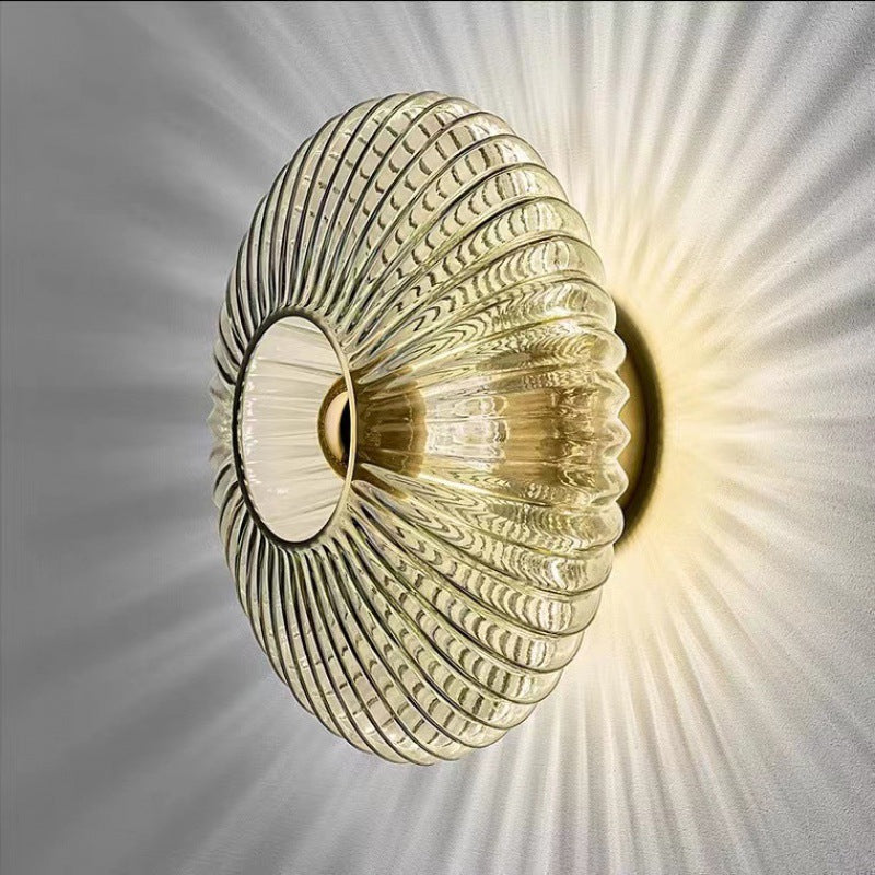 Nordische Vintage-Wandleuchte aus geriffeltem Rippenglas in Scheibenform