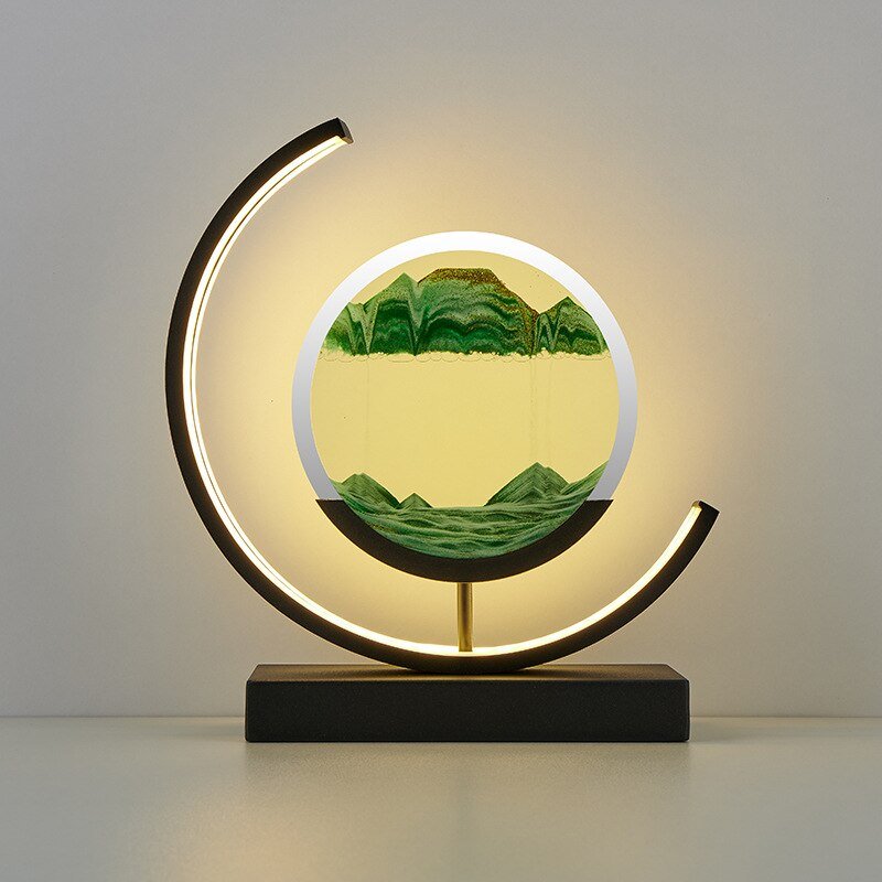 Tischlampe mit rotierender Sandkunst-Skulptur und stimmungsvoller Beleuchtung