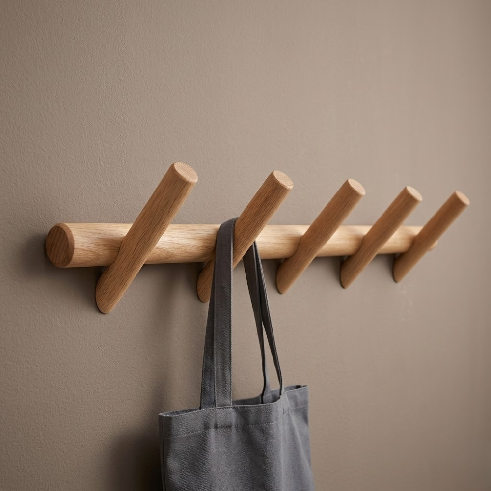Minimalistische skandinavische Wandgarderobe aus massiver Eiche mit Haken