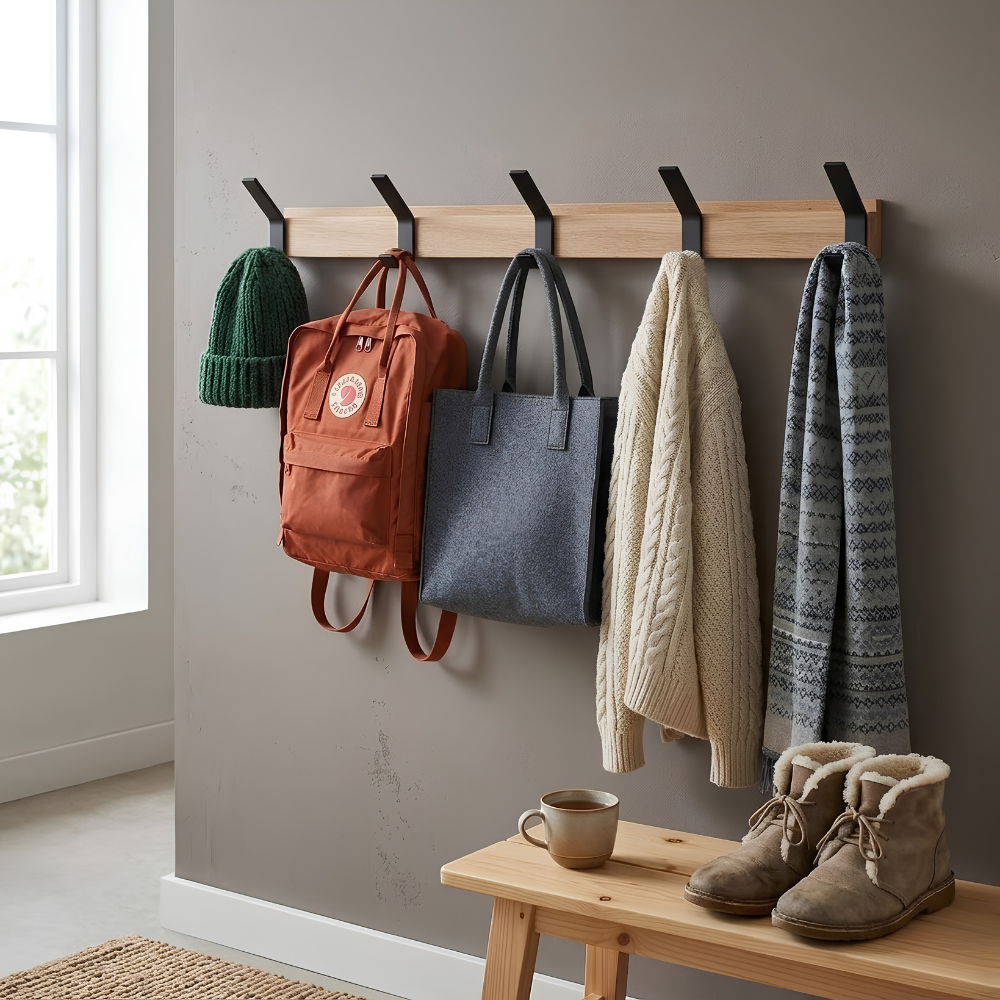 Minimalistische skandinavische Wandgarderobe aus Holz mit verstellbaren Haken