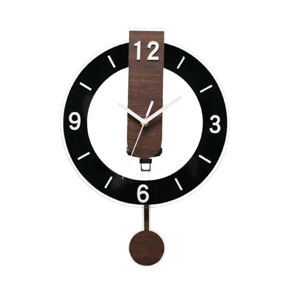 Minimalistische Wanduhr aus Acryl und Holz mit offenem Rahmen und leisem Pendel