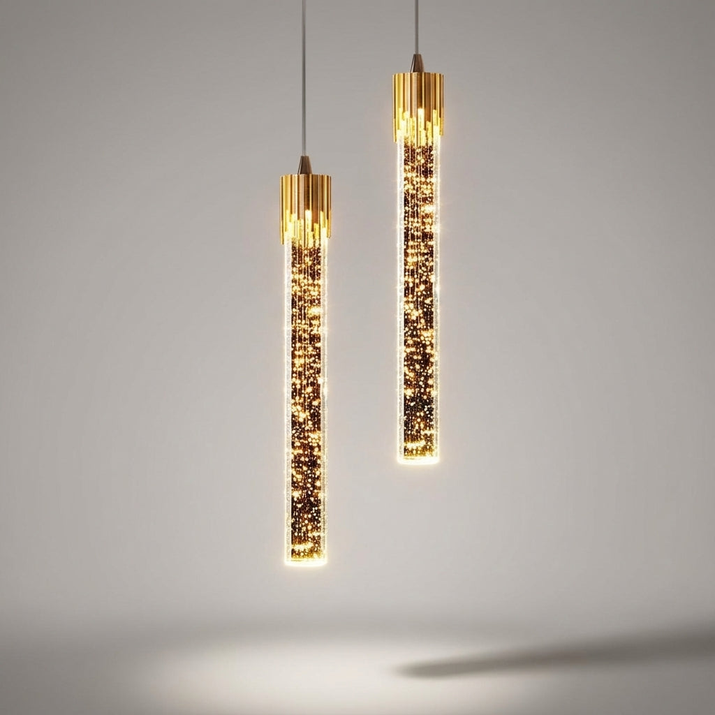 Schlanke Pendelleuchte mit zylindrischem Glasschirm, verstellbarem Kabel