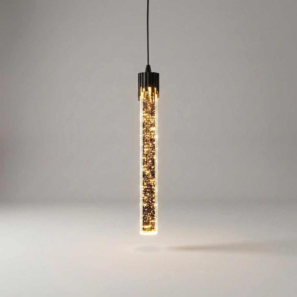 Schlanke Pendelleuchte mit zylindrischem Glasschirm, verstellbarem Kabel