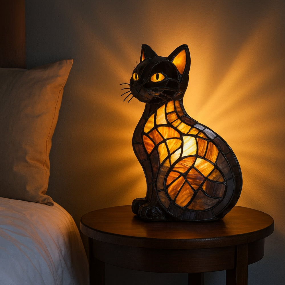 Tischlampe und Nachtlicht mit Katzenfigur im Buntglasstil
