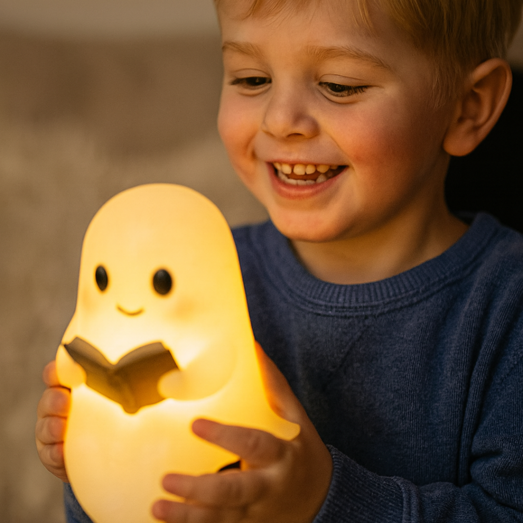 Niedliche Tischlampe in Geisterform als Nachtlicht am Bett
