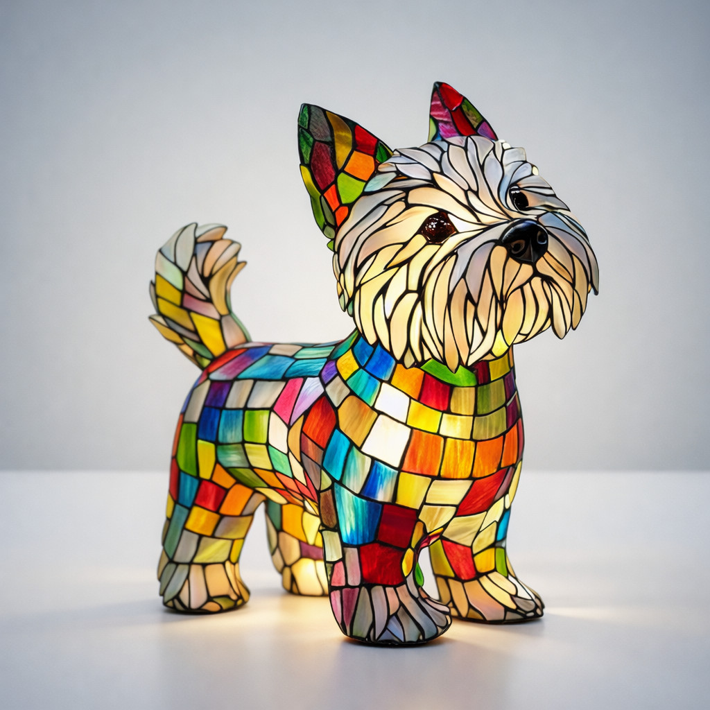 Nachtlicht und Tischlampe mit Hundefigur aus Buntglas und Kunstharz