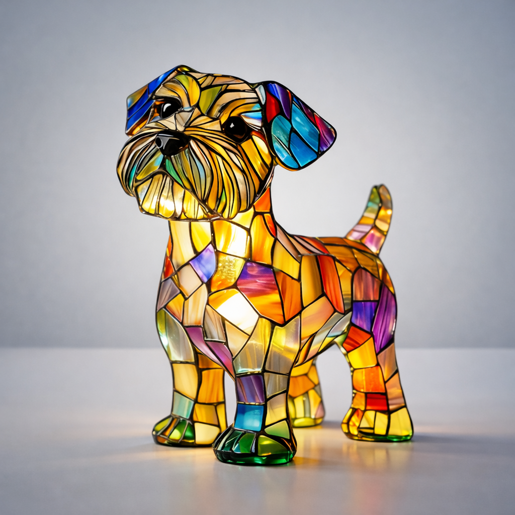 Nachtlicht und Tischlampe mit Hundefigur aus Buntglas und Kunstharz