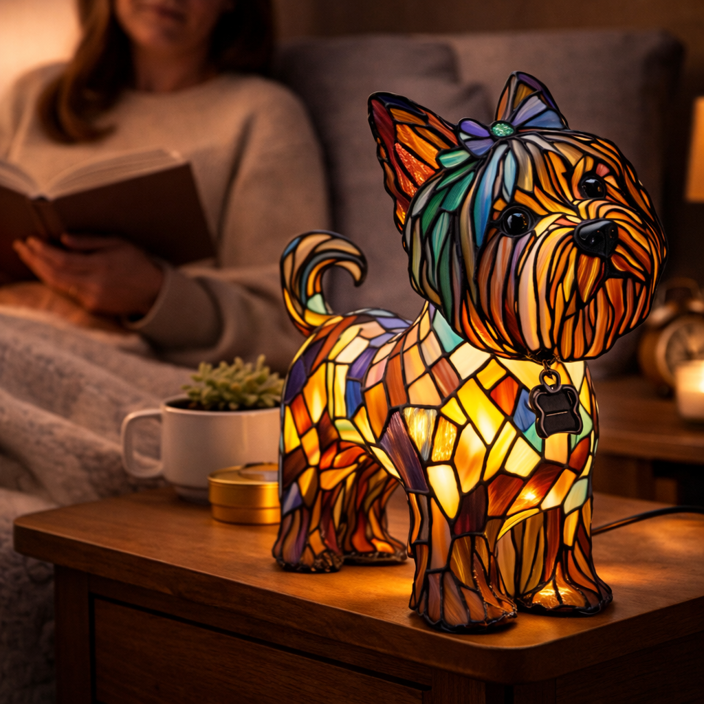 Dekorative Tier-Tischlampe mit Hundesilhouette aus Buntglas