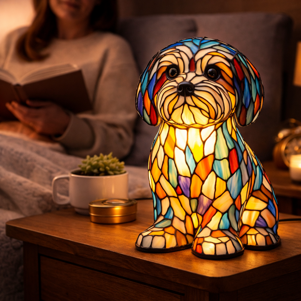 Dekorative Tier-Tischlampe mit Hundesilhouette aus Buntglas