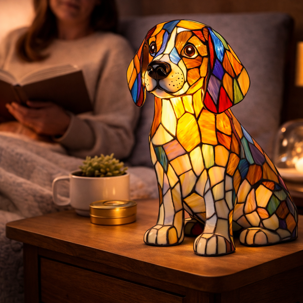 Dekorative Tier-Tischlampe mit Hundesilhouette aus Buntglas