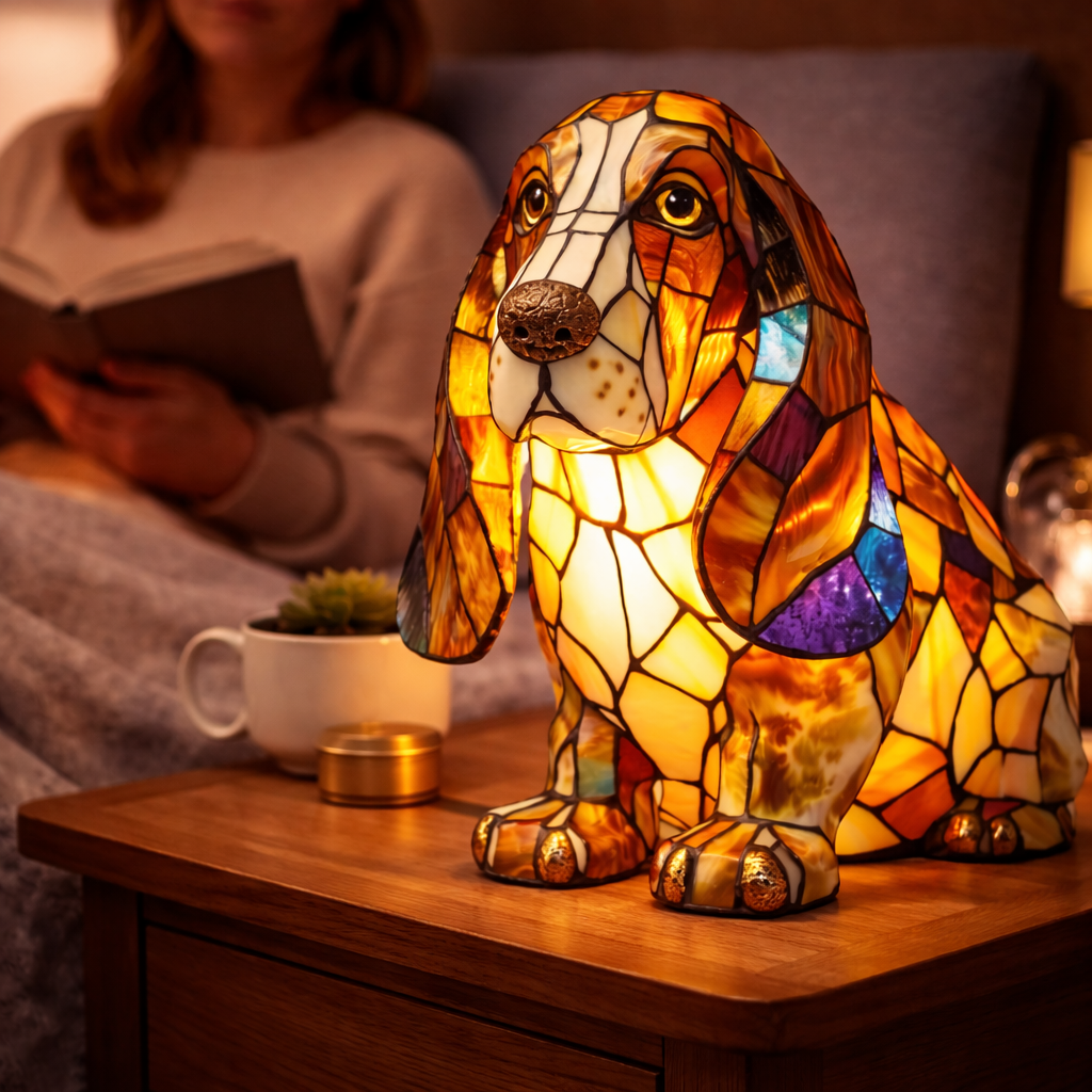 Dekorative Tier-Tischlampe mit Hundesilhouette aus Buntglas