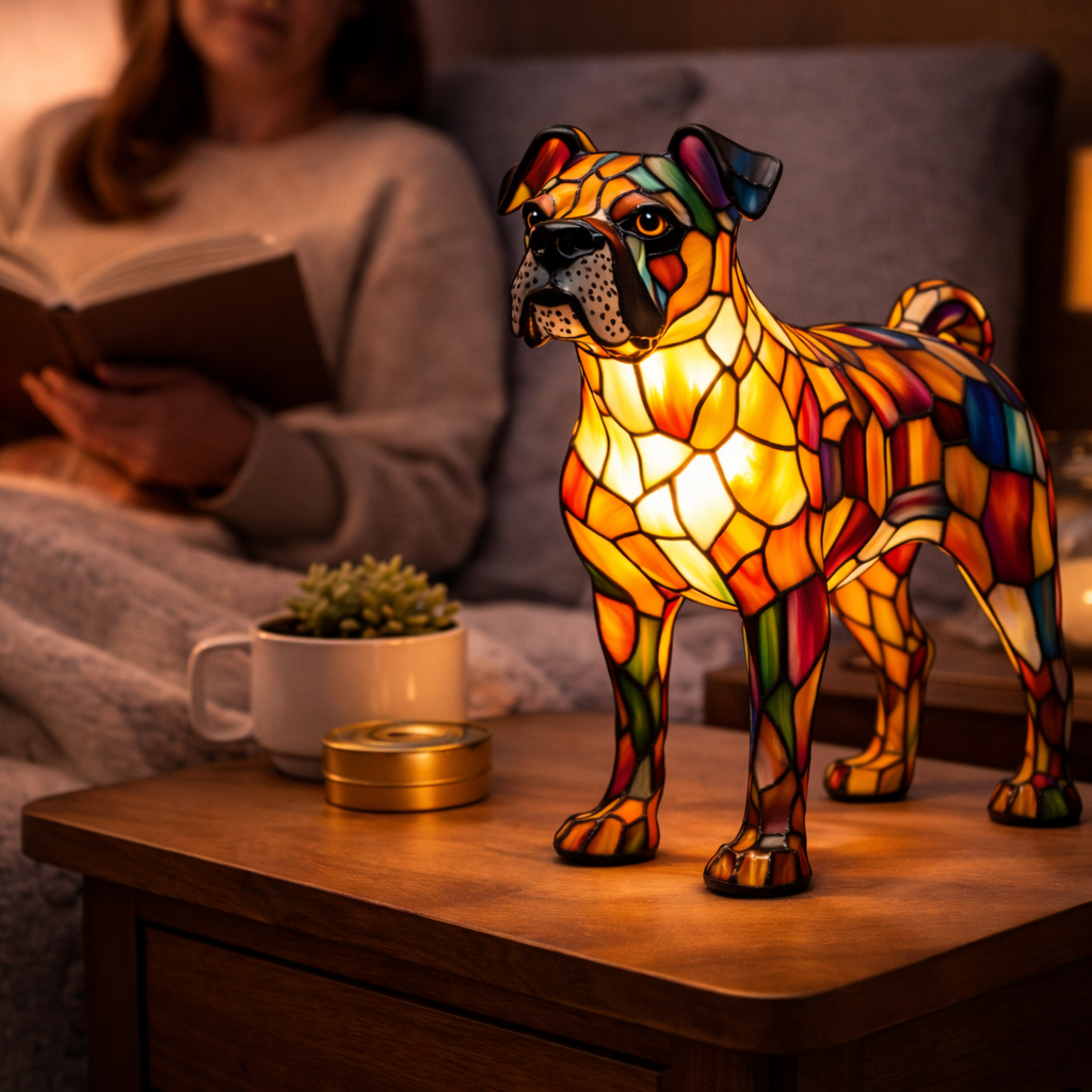 Dekorative Tier-Tischlampe mit Hundesilhouette aus Buntglas