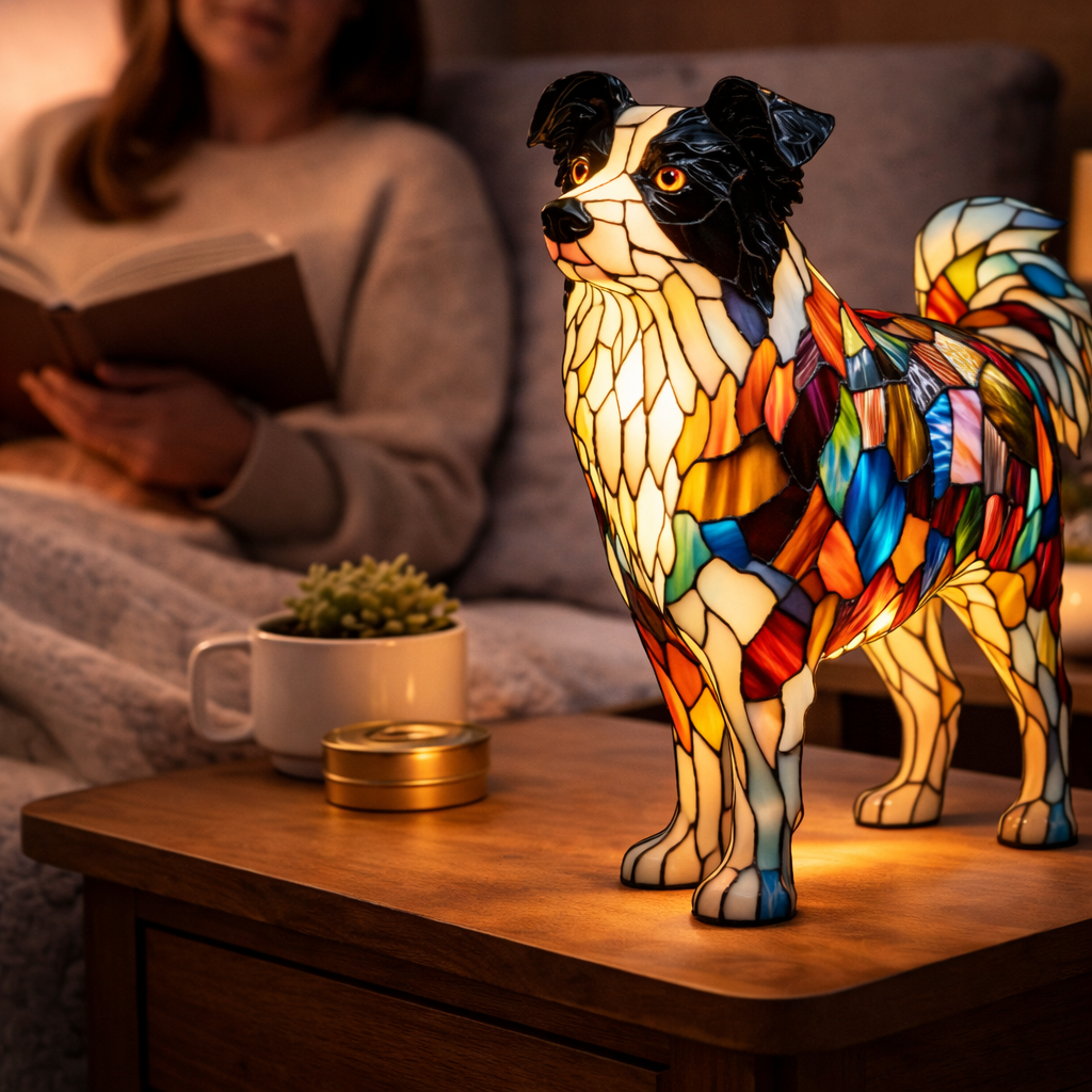 Dekorative Tier-Tischlampe mit Hundesilhouette aus Buntglas