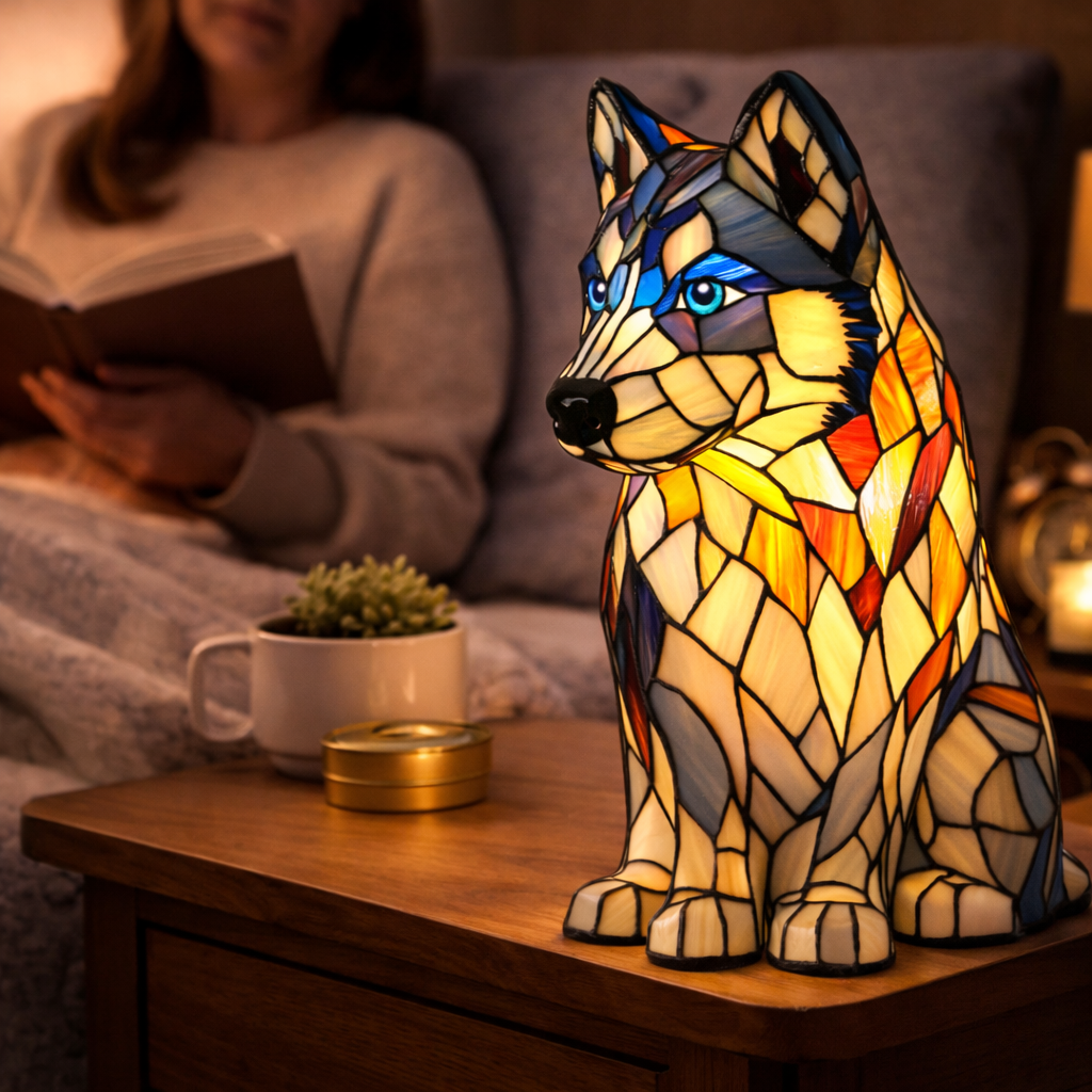 Dekorative Tier-Tischlampe mit Hundesilhouette aus Buntglas