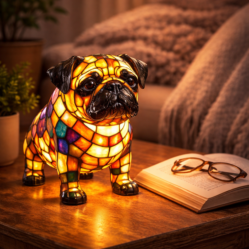 Nachtlicht und Tischlampe mit Hundefigur aus Buntglas und Kunstharz