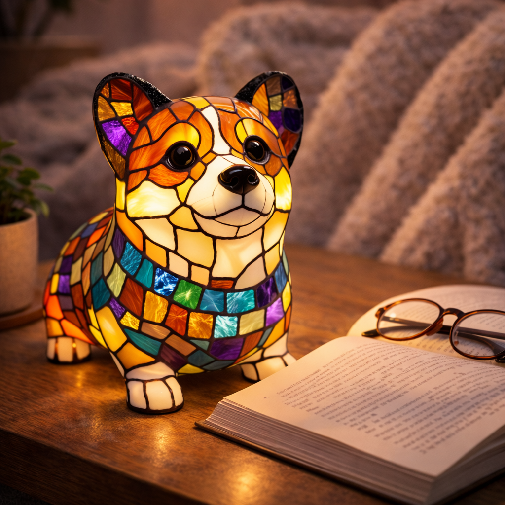 Nachtlicht und Tischlampe mit Hundefigur aus Buntglas und Kunstharz
