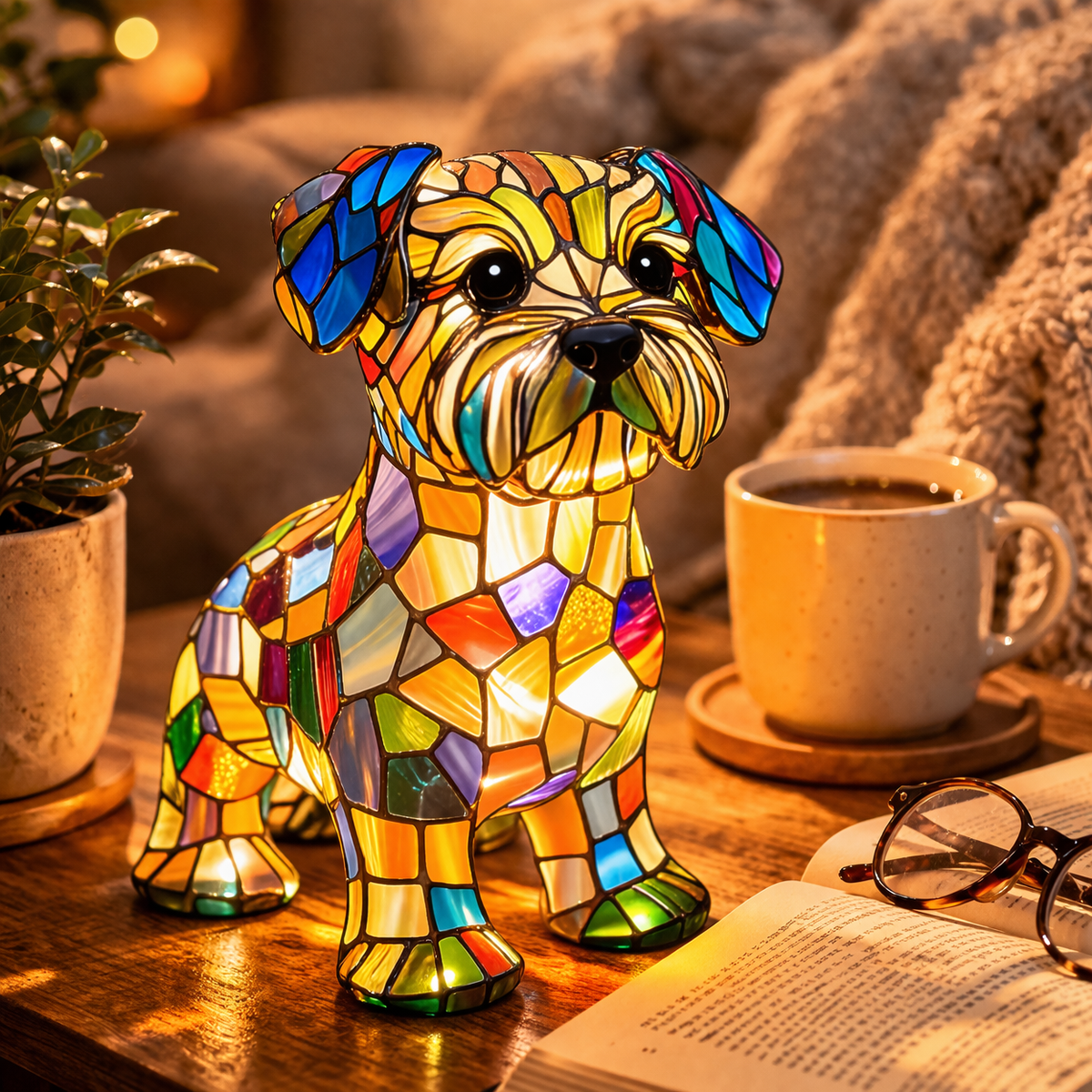 Nachtlicht und Tischlampe mit Hundefigur aus Buntglas und Kunstharz