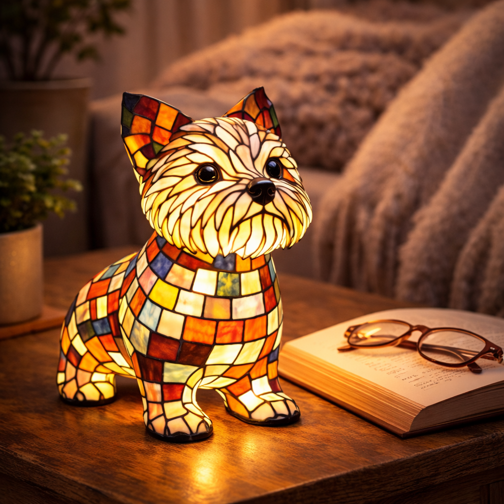 Nachtlicht und Tischlampe mit Hundefigur aus Buntglas und Kunstharz