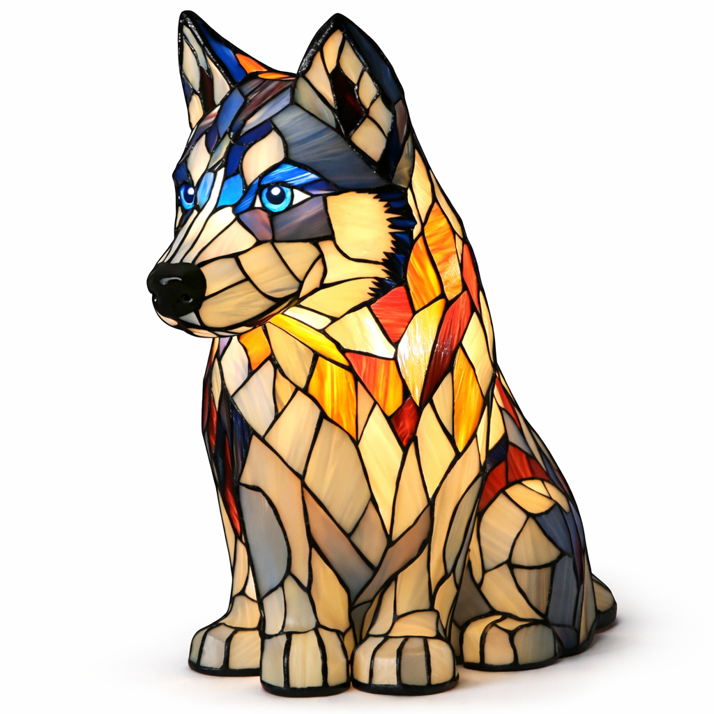 Dekorative Tier-Tischlampe mit Hundesilhouette aus Buntglas