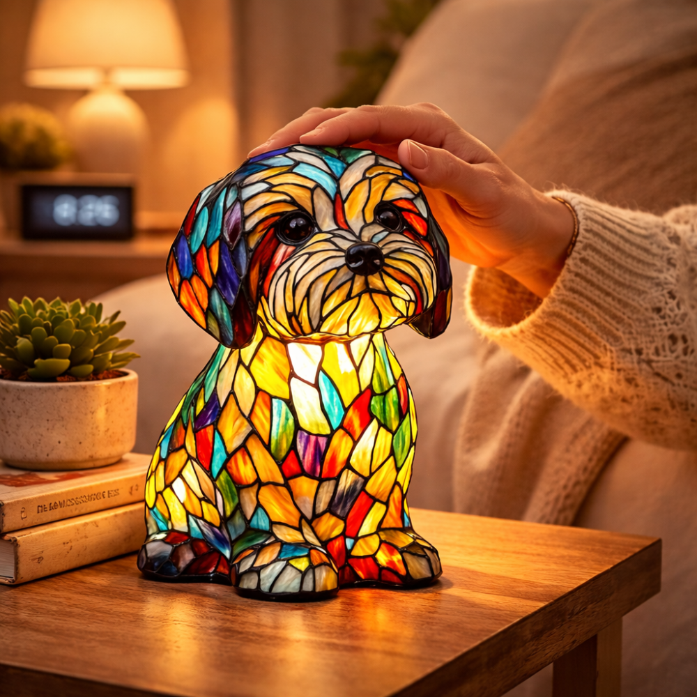 Nachtlicht und Tischlampe mit Hundefigur aus Buntglas und Kunstharz