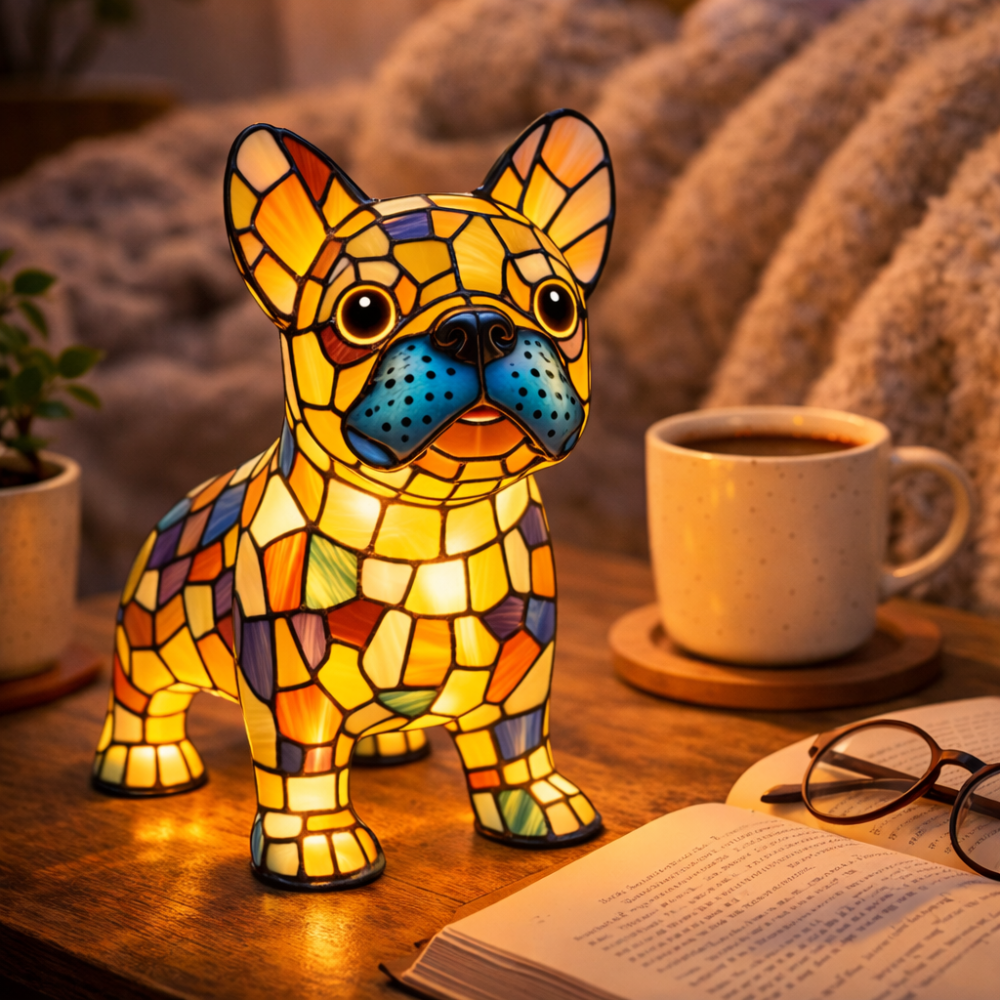 Nachtlicht und Tischlampe mit Hundefigur aus Buntglas und Kunstharz