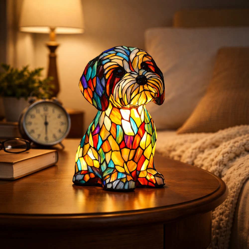 Nachtlicht und Tischlampe mit Hundefigur aus Buntglas und Kunstharz