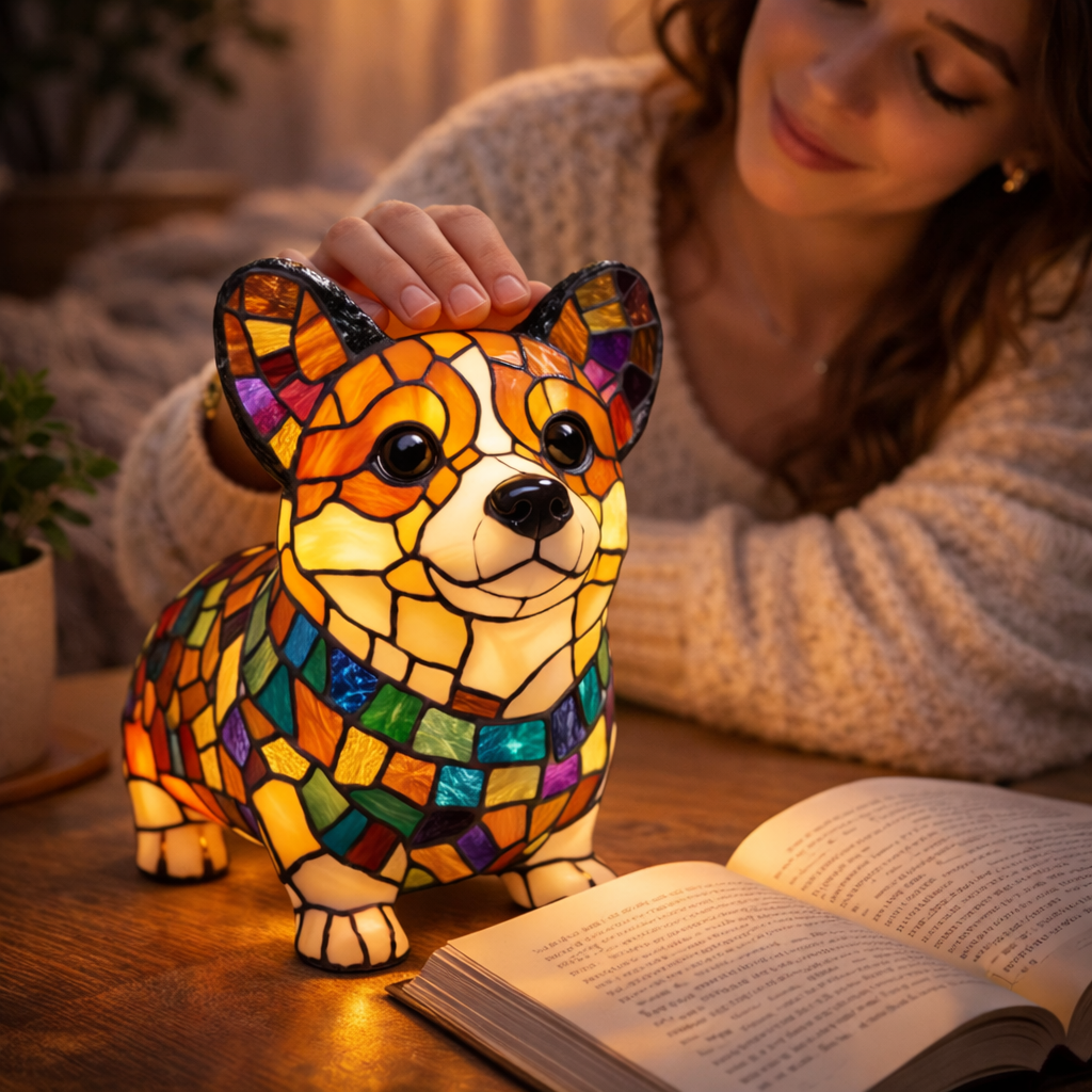 Nachtlicht und Tischlampe mit Hundefigur aus Buntglas und Kunstharz