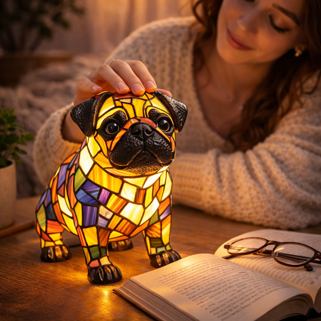 Nachtlicht und Tischlampe mit Hundefigur aus Buntglas und Kunstharz