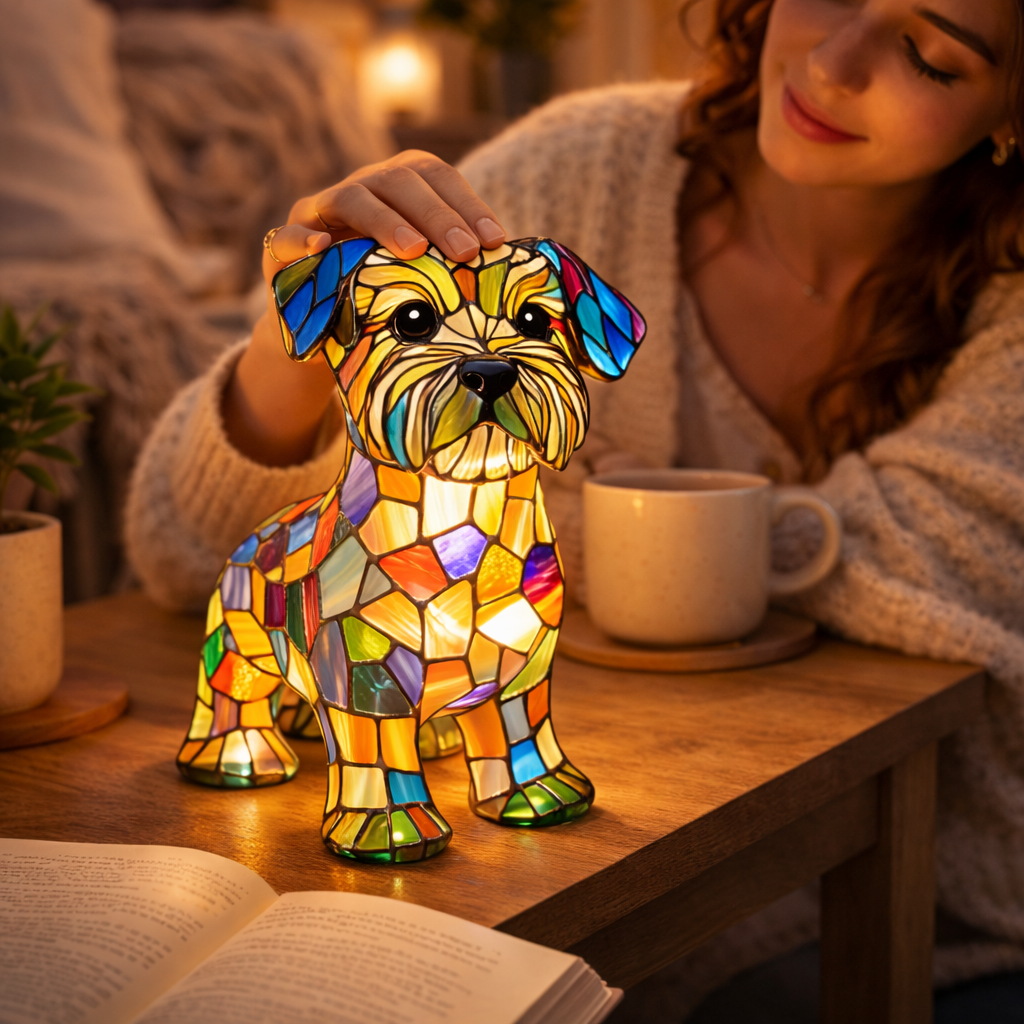 Nachtlicht und Tischlampe mit Hundefigur aus Buntglas und Kunstharz