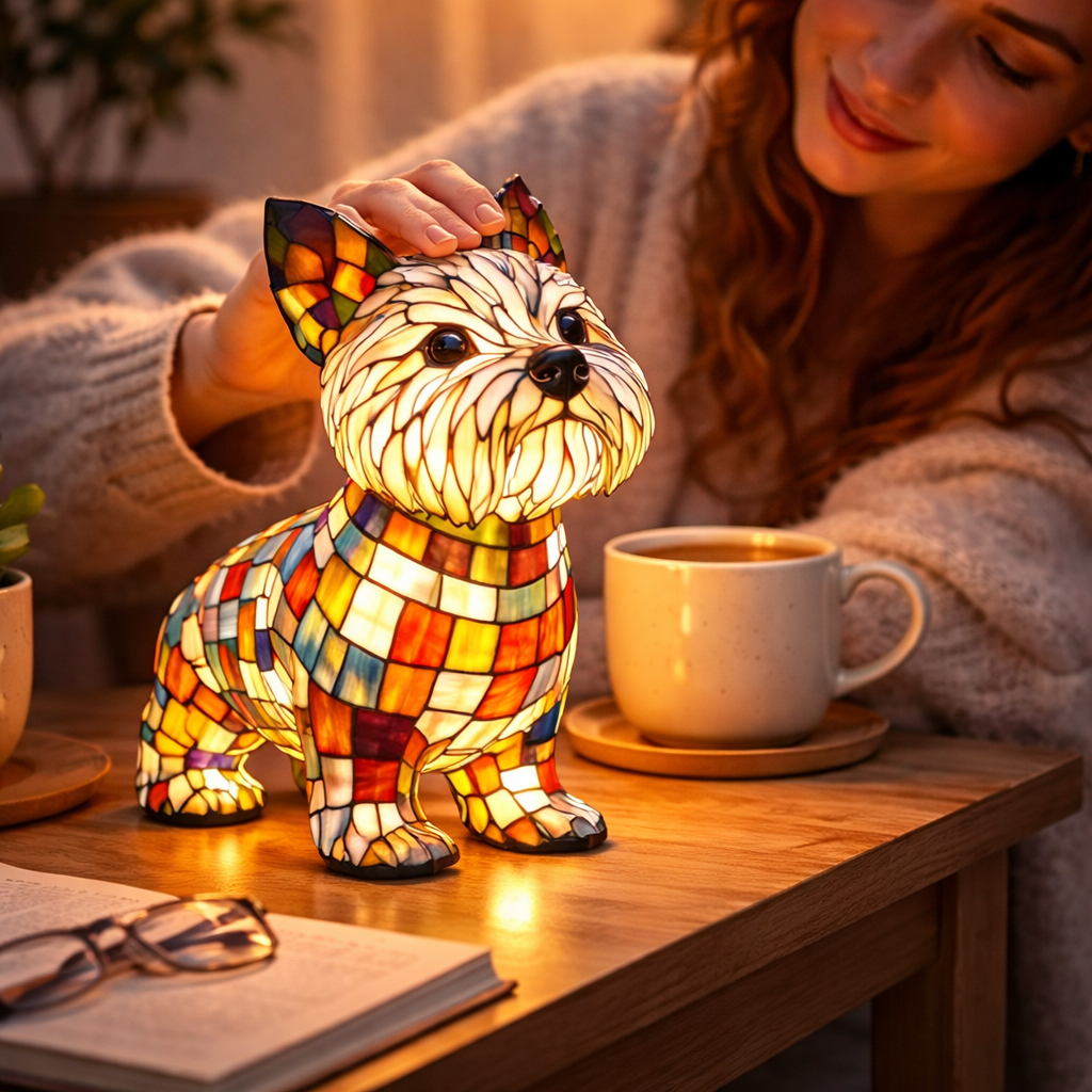 Nachtlicht und Tischlampe mit Hundefigur aus Buntglas und Kunstharz