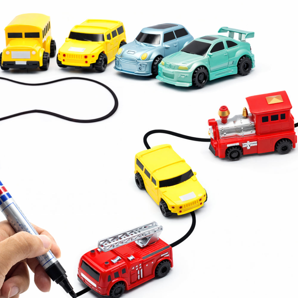Kompaktes interaktives Spielzeugauto-Set mit stiftgeführter Rennstrecke
