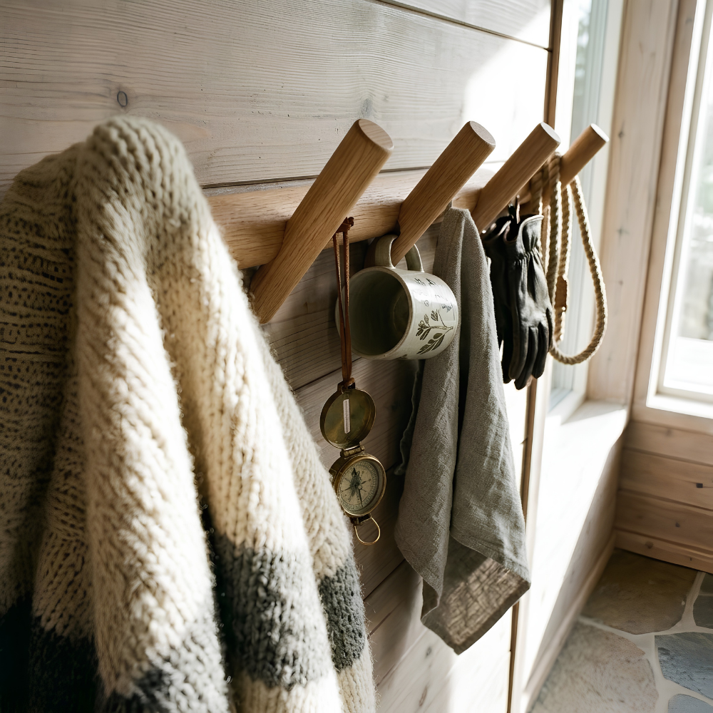 Minimalistische skandinavische Wandgarderobe aus massiver Eiche mit Haken