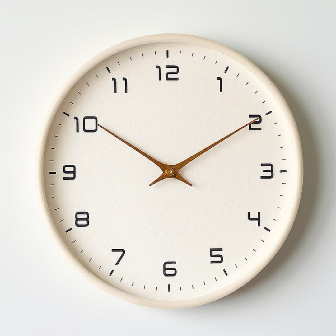 Minimalistische Wanduhr mit Holzrahmen und leisem Quarzwerk