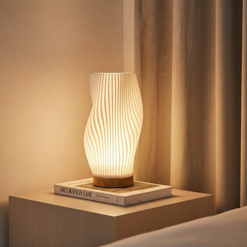 Skulpturale USB-Tischlampe in welliger Rippelform mit einstellbarer Helligkeit und Dimmer