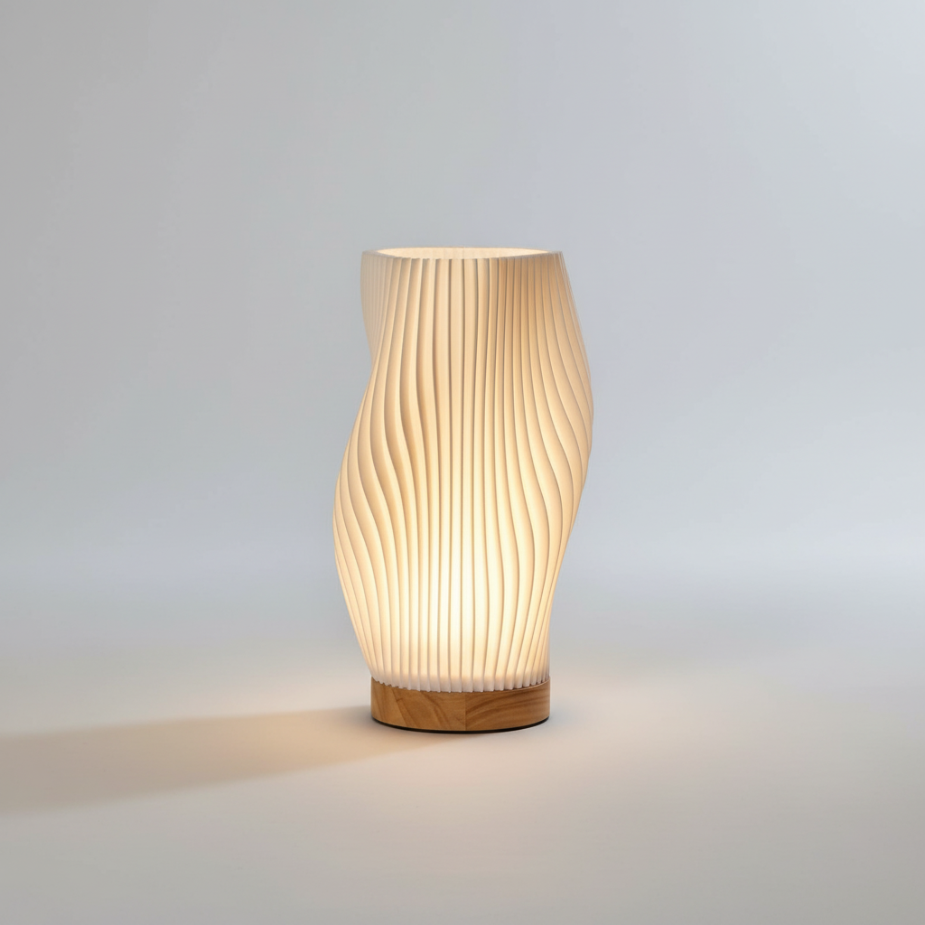 Skulpturale USB-Tischlampe in welliger Rippelform mit einstellbarer Helligkeit und Dimmer