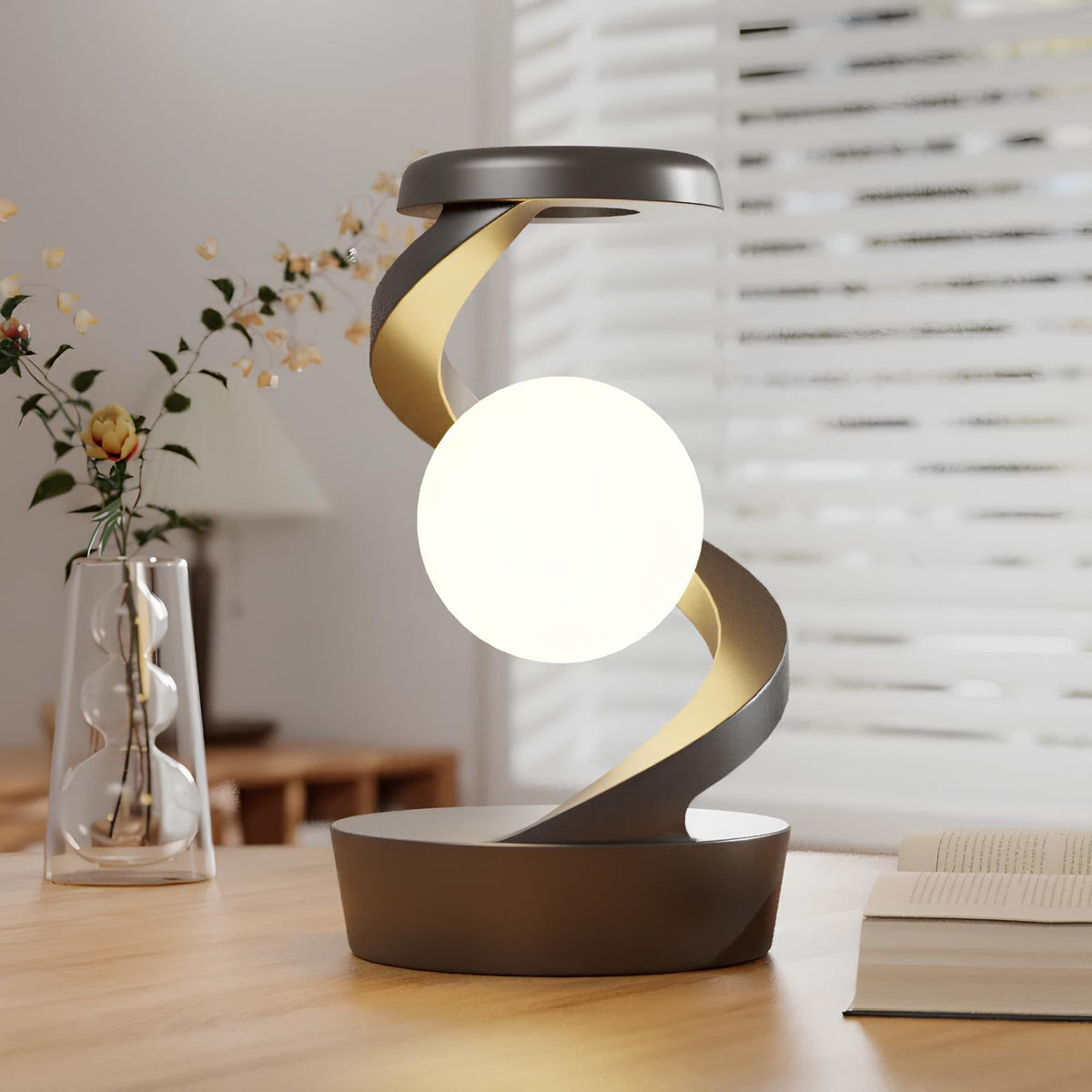 Tischlampe mit spiralförmigem Arm, Kugelschirm, Gestensteuerung und kabelloser Ladefunktion
