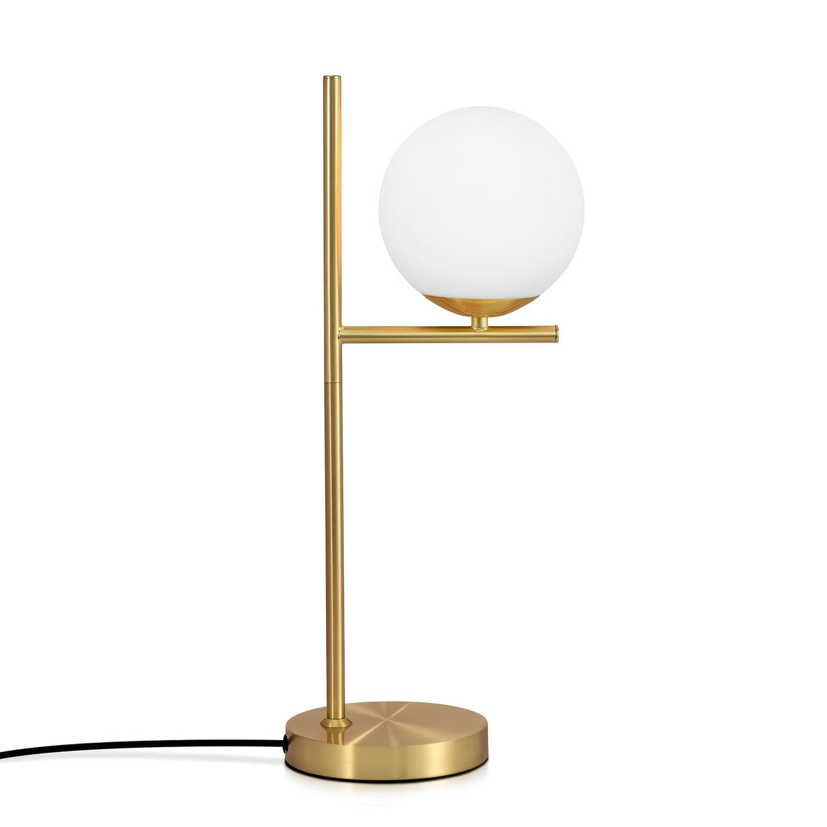 Industriell-elegante Tischlampe mit Messingrahmen und Milchglaskugel