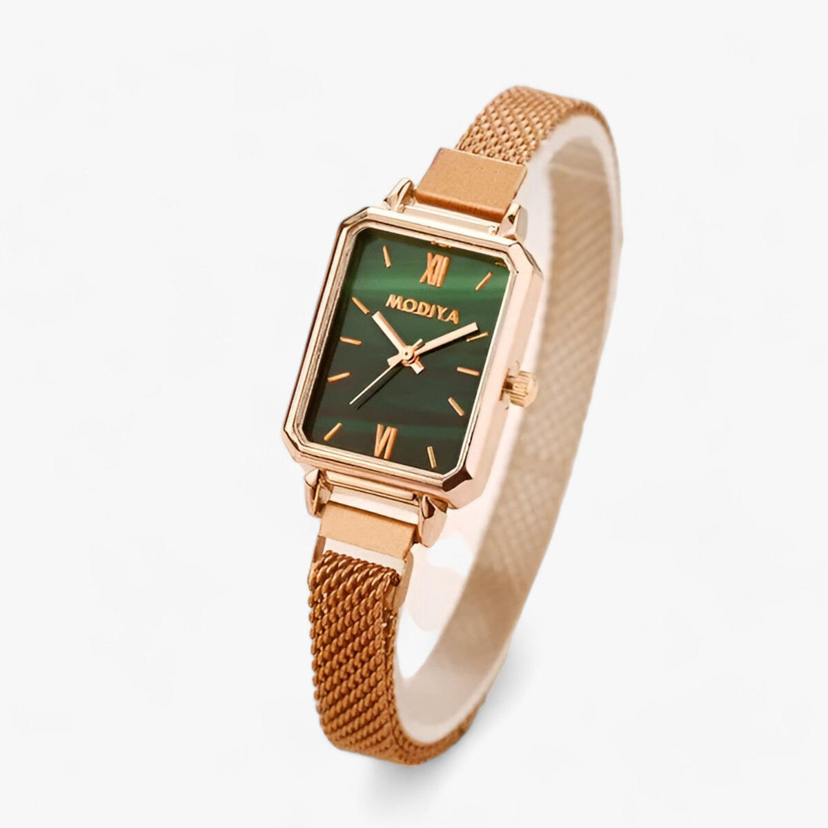 Quarz-Armbanduhr mit quadratischem Zifferblatt, Mesh-Armband und Magnetverschluss