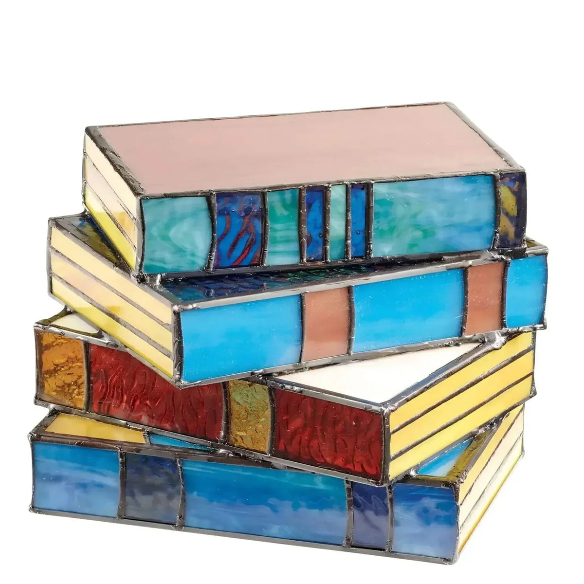 Handgefertigte Buntglas-Tischlampe mit Silhouette gestapelter Bücher